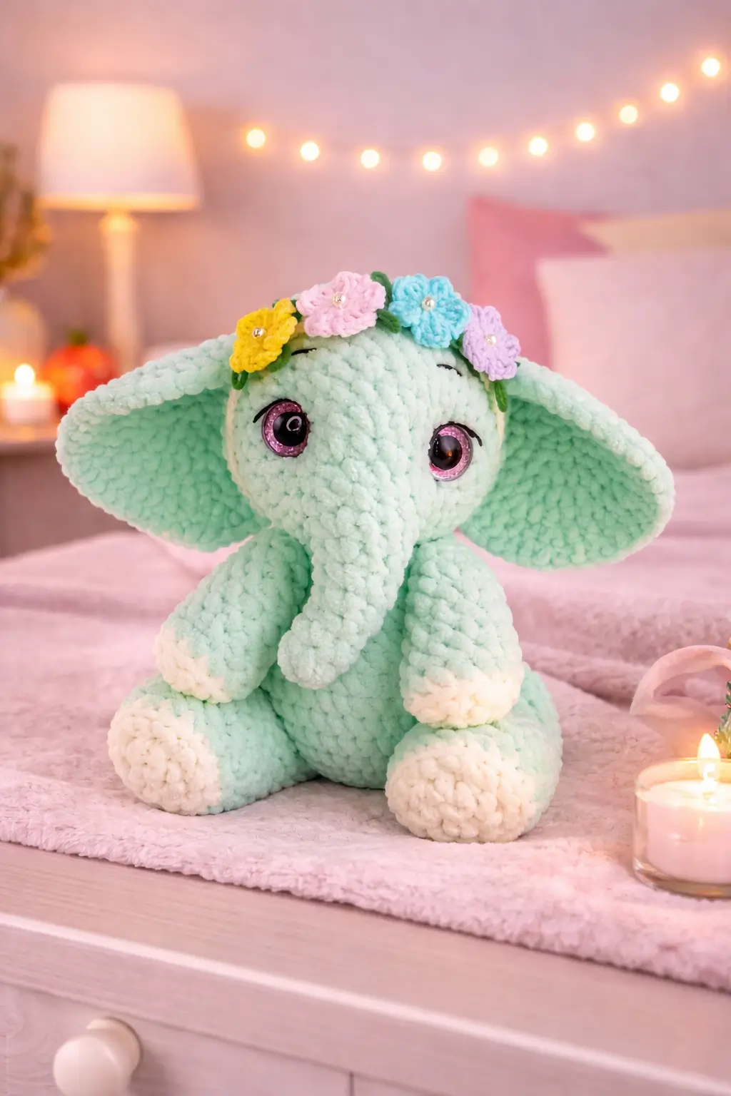 Mint Elephant Amigurumi Crochet Pattern with Flower Crown