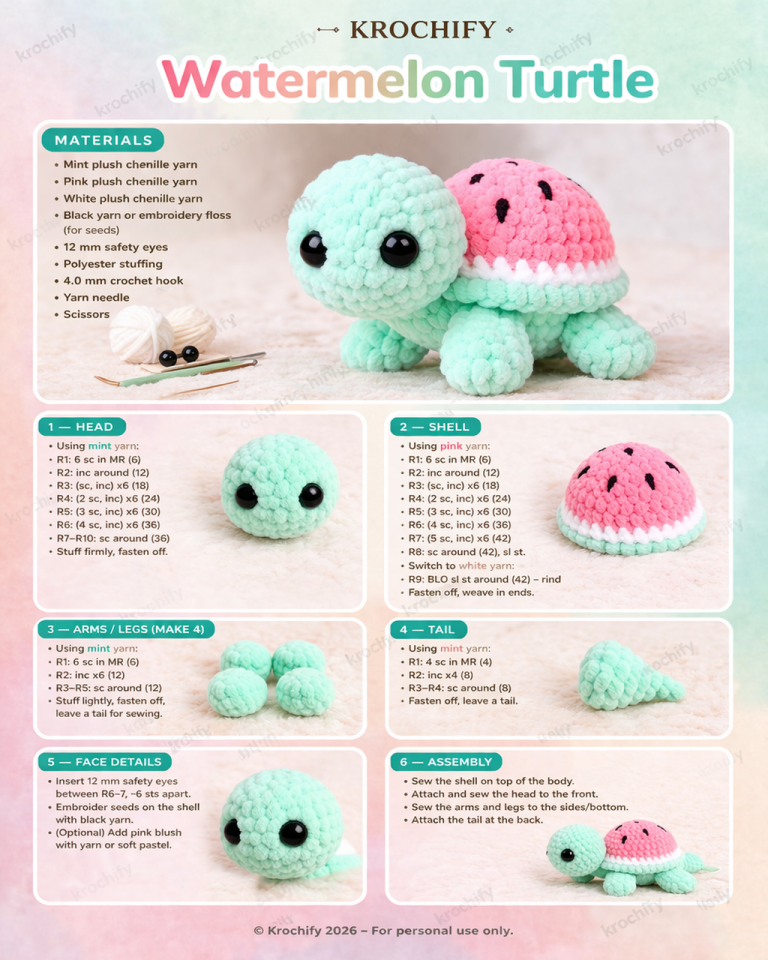 Mini Watermelon Turtle Amigurumi Crochet Pattern