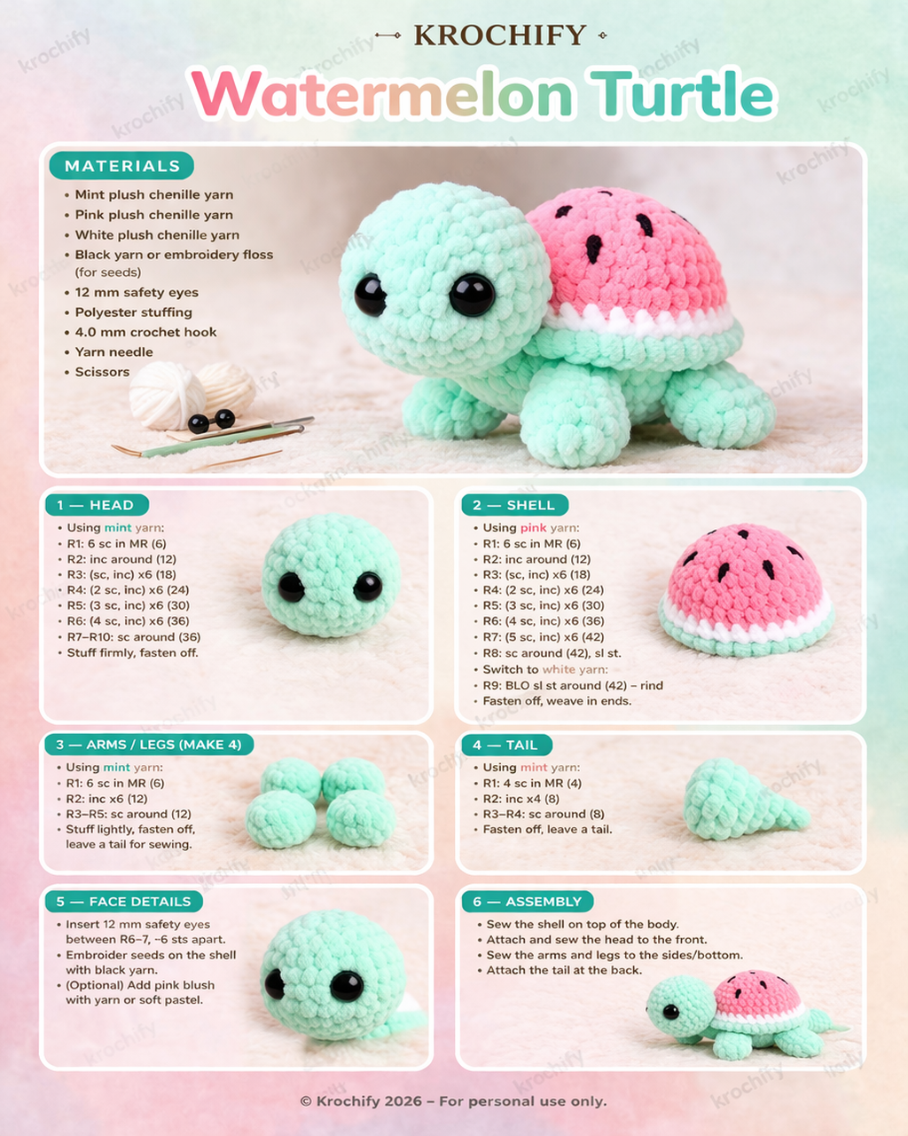 Mini Watermelon Turtle Amigurumi Crochet Pattern