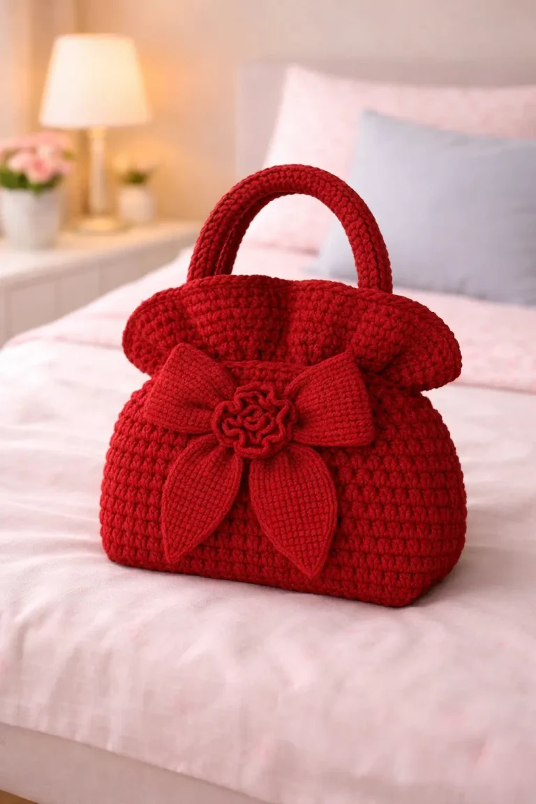Make a red crochet bag pattern with a structured body, soft round handles, and a large floral bow centerpiece.