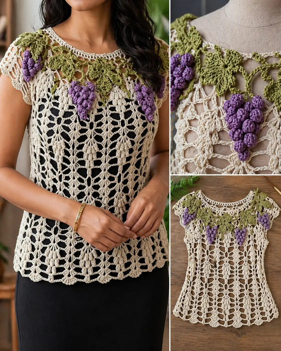 Grapevine Crochet Top Pattern: Lace Blouse With 3D Grapes