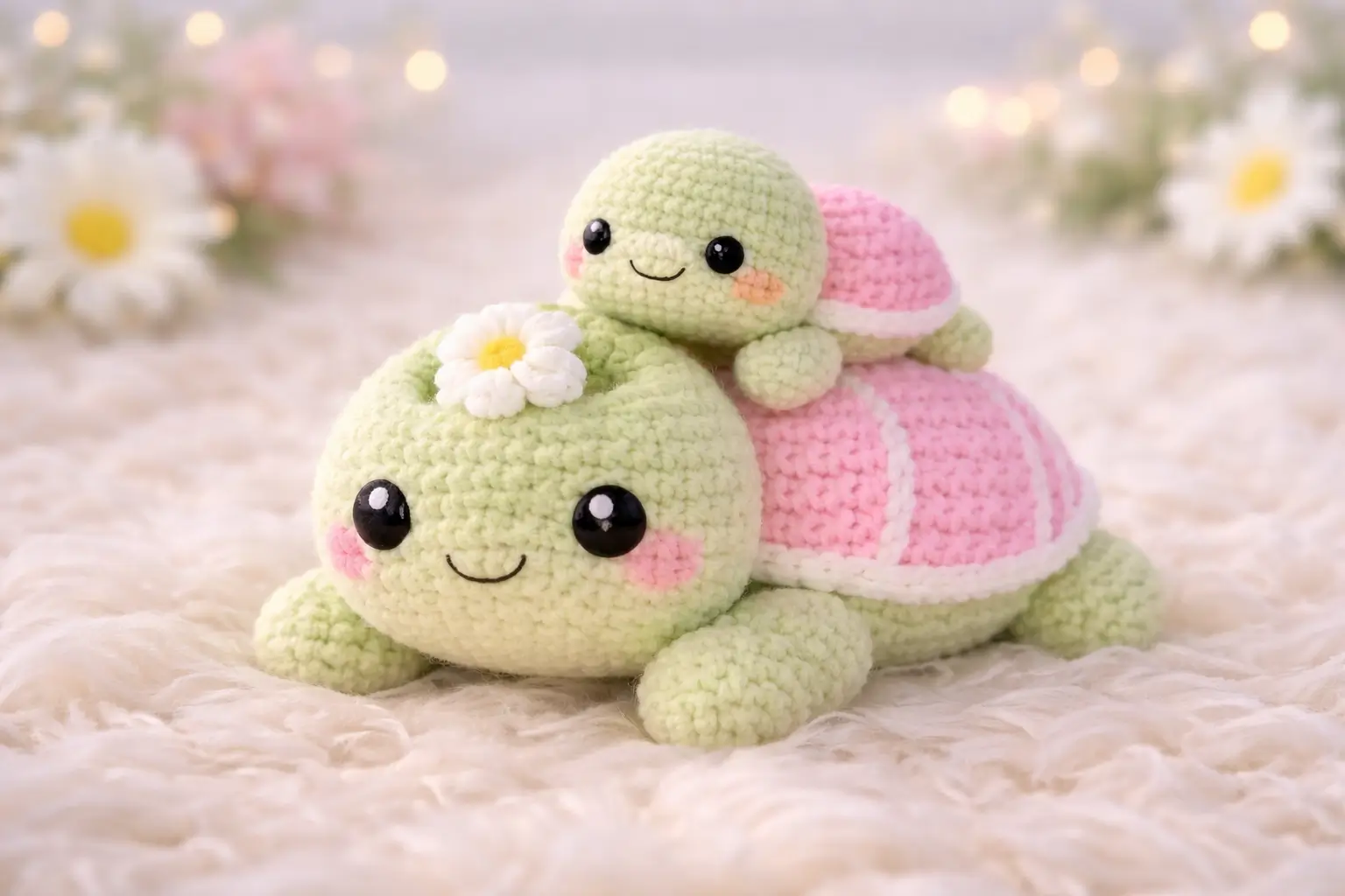 Turtle Amigurumi Crochet Pattern With Daisy Shell and Baby Turtle