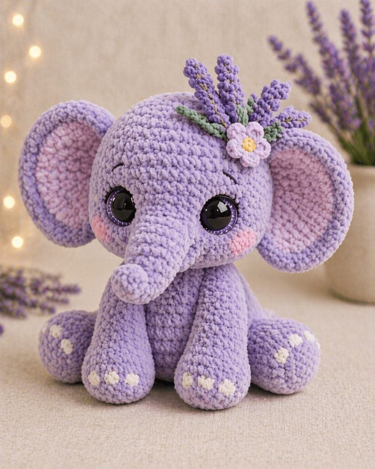 Elephant Amigurumi Crochet Pattern: Lavender Plush with Floral Crown