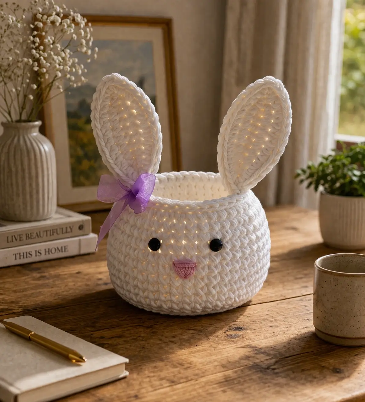 Bunny Basket Crochet Pattern With Tall Structured Ears