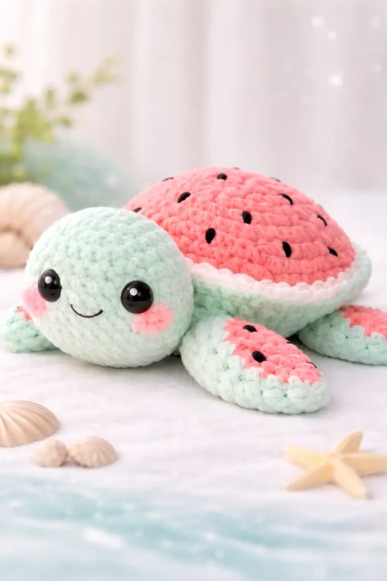 Watermelon Turtle Amigurumi Crochet Pattern A watermelon turtle fails fast when the white rind stripe gets too wide; the shell stops reading as fruit and starts reading as trim. This watermelon turtle amigurumi crochet pattern uses plush yarn, a 5 mm hook, and medium-form stitch math to produce a soft turtle around 23 cm long for shelf display, nursery decor, or summer market stock. Skill level: easy to lower-intermediate. Verified reference size and hook come from commercial plush-pattern listings. The Design: What Makes Watermelon Turtle Different This turtle depends on proportion more than detail. The head has to sit oversized and low, or the shell takes visual control and the toy reads as a melon with fins. The rind stripe also matters. One narrow white round between the pink shell top and mint lower shell keeps the watermelon effect clean, which matches the color-chart logic documented in plush watermelon turtle variants. Flippers need a broad front edge, not a tube. That choice gives the toy a resting pose instead of a crawling pose, and it matches the flattened plush style seen in current no-sew turtle designs. A common mistake is packing the shell too hard while leaving the head soft; then the face collapses forward and the turtle loses its rounded expression. In watermelon turtle crochet pattern search results, many listings show size or sales copy, but fewer explain those structural tradeoffs in plain terms. Project Info at a Glance Skill Level Time Finished Size Hook Best For Easy to lower-intermediate 4–6 hours 23 cm long / 13 cm tall 5 mm Plush decor, gifts, summer market makes Verified size and hook reflect one published plush watermelon turtle listing. Materials and Tools Yarn Mint green — plush / chenille / super bulky — 30 g — Sweet Snuggles Lite or similar plush yarn Watermelon pink — plush / chenille / super bulky — 20 g — matching plush yarn White — plush / chenille / super bulky — small amount — rind stripe Black — small amount — seed embroidery Light pink — small amount — cheek patches Tools Hook 5 mm Safety eyes 8–10 mm Polyfill stuffing Tapestry needle Stitch markers Pins Black embroidery thread Abbreviations MR = magic ring; sc = single crochet; inc = increase; dec = decrease; sl st = slip stitch; ch = chain; BLO = back loop only; hdc = half double crochet. Use invisible decrease on all visible shaping rounds so the plush yarn does not leave open ladders on the face and shell edge. Pattern — Step by Step Continuous spiral unless noted. Counts are checked each round. Construction is adapted to match the photo using standard amigurumi count progression and plush turtle sizing from current watermelon turtle references. Head (Make 1) Yarn: mint green — Source: Standard amigurumi math, scaled to the pictured plush proportions R1: 6 sc in MR (6) R2: inc x6 (12) R3: (sc, inc) x6 (18) R4: (2 sc, inc) x6 (24) R5: (3 sc, inc) x6 (30) R6: (4 sc, inc) x6 (36) R7-R11: sc around (36) R12: (4 sc, dec) x6 (30) R13: (3 sc, dec) x6 (24) Insert safety eyes between R8 and R9, about 8 sts apart. Add light stuffing as you go. R14: (2 sc, dec) x6 (18) R15: (sc, dec) x6 (12) R16: dec x6 (6) Embroider the smile centered one round below the eyes. Fasten off. Leave a 25 cm tail. Body Undershell (Make 1) Yarn: mint green — Source: Plush turtle body plateau informed by published 36-st body structure. R1: 6 sc in MR (6) R2: inc x6 (12) R3: (sc, inc) x6 (18) R4: (2 sc, inc) x6 (24) R5: (3 sc, inc) x6 (30) R6: (4 sc, inc) x6 (36) R7-R10: sc around (36) Fasten off. Leave a 25 cm tail. Shell Top (Make 1) Yarn: pink, white, mint green — Source: Watermelon color layout based on documented plush watermelon turtle chart and the photo. R1: 6 sc in MR with pink (6) R2: inc x6 (12) R3: (sc, inc) x6 (18) R4: (2 sc, inc) x6 (24) R5: (3 sc, inc) x6 (30) R6: (4 sc, inc) x6 (36) R7: sc around in pink (36) R8: sc around in white (36) R9-R12: sc around in mint green (36) Embroider 9–11 black seed dashes across the pink area before assembly. Fasten off. Leave a 30 cm tail. Front Flippers (Make 2) Yarn: mint green and pink — Source: Standard amigurumi math with flattened plush fin shaping inspired by broad-front turtle flippers in plush references. With mint green: R1: 6 sc in MR (6) R2: inc x6 (12) R3: (sc, inc) x6 (18) R4: sc around (18) Change front half stitches to pink on next round. R5: 9 sc in mint, 9 sc in pink (18) R6-R7: sc around following color placement (18) Flatten. R8: sc through both layers across 9 sts (9) Embroider 2–3 black seed dashes on the pink panel. Fasten off. Leave a 20 cm tail. Back Flippers (Make 2) Yarn: mint green and pink — Source: Standard amigurumi math R1: 6 sc in MR (6) R2: inc x6 (12) R3: (sc, inc) x6 (18) R4: sc around (18) R5: 9 sc in mint, 9 sc in pink (18) R6: sc around (18) Flatten. R7: sc through both layers across 9 sts (9) Back flippers should be slightly shorter than front flippers. Fasten off. Leave a 20 cm tail. Tail (Make 1) Yarn: mint green — Source: Tail is a documented sewn-on detail in commercial watermelon turtle patterns. R1: 4 sc in MR (4) R2: sc around (4) R3: (sc, inc) x2 (6) R4: sc around (6) Flatten lightly. Fasten off. Leave a 12 cm tail. Cheek Patches (Make 2) Yarn: light pink — Source: Photo-based detail R1: 6 sc in MR (6) Sl st to first st. Fasten off. Leave a 10 cm tail. Seed Embroidery for Shell and Flippers Yarn: black — Source: Photo-based detail plus watermelon motif seen across indexed listings. Cut short strands and embroider small vertical seed dashes. Place most on the shell top. Add one or two on each flipper panel. No fasten-off round needed. Assembly Pin the head to the front of the body undershell, centered over rounds 2–6. Sew the head in place with the opening facing slightly downward, not straight forward. Stitch one cheek patch below each eye. Attach the front flippers at the body sides, aligned just behind the head. Attach the back flippers one round farther back, angled slightly outward. Sew the tail to the rear center of the body. Place the shell top over the body undershell and pin the white rind round level all the way around. Stuff the shell cavity firmly but not hard; keep the front section softer than the back. Sew shell top to body undershell through matching 36-st rounds. Weave in all tails inside the shell and brush the seed embroidery flat with your fingers. The piece is complete when the head rests low, the shell arches evenly, and all four flippers touch the surface. 7 Technical Tips Mark the first stitch of every round. Losing the round start by even one stitch will push the white rind stripe off-level across the shell. Keep shell stuffing firmer than head stuffing. A head packed harder than the shell tips the face upward and flattens the turtle pose. Use invisible dec on rounds 12–16 of the head. Standard decreases in plush yarn leave small gaps that show dark stuffing shadows. Insert eyes before the head drops below 24 stitches. Waiting until the opening narrows makes even spacing hard and can warp the face. Do not pull chenille yarn tight on the seed embroidery. Over-tension shortens the pink shell panel and creates surface dents around each seed. Pin both front flippers before sewing either one. A difference of even 5 mm becomes obvious because the head sits low and wide in this design. Weave tails back through at least two direction changes. Plush yarn slips more than cotton, and straight tail weaving can work loose under handling. Conclusion This watermelon turtle amigurumi crochet pattern works because the shell stripe is controlled, the flippers stay broad, and the head remains oversized without turning hollow. Verified plush references place the format around a 5 mm hook and roughly 23 cm finished length, which fits the scale shown here. Start with the shell first, check the rind width after the white round, then build the rest to match that ratio. Share the finished turtle on Pinterest and Instagram with #WatermelonTurtlePattern. One detail matters most on this character: did you place the shell seeds in staggered rows, or keep them evenly spaced?