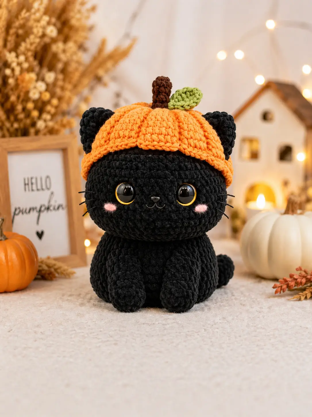 black cat pumpkin hat crochet pattern — finished plush cat with orange cap and gold eyes