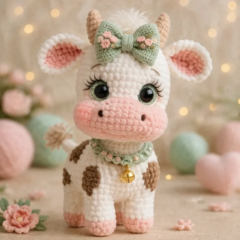 Cow Amigurumi Crochet Pattern With Floral Bow and Bell Collar