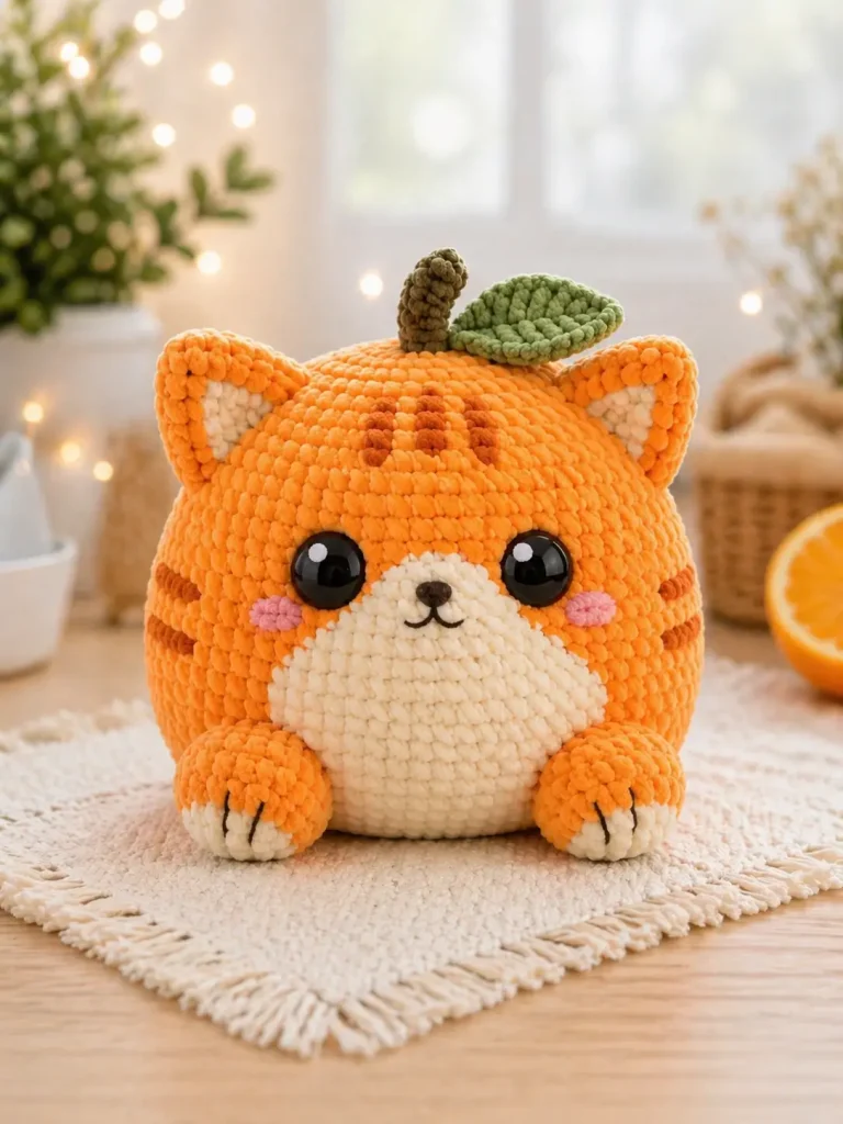orange tabby crochet plush face with black safety eyes and cream muzzle