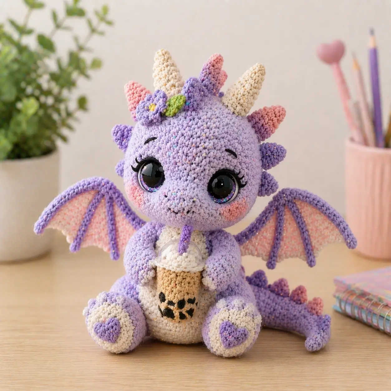 Dragon Amigurumi Crochet Pattern With Wings, Horns and Bubble Tea