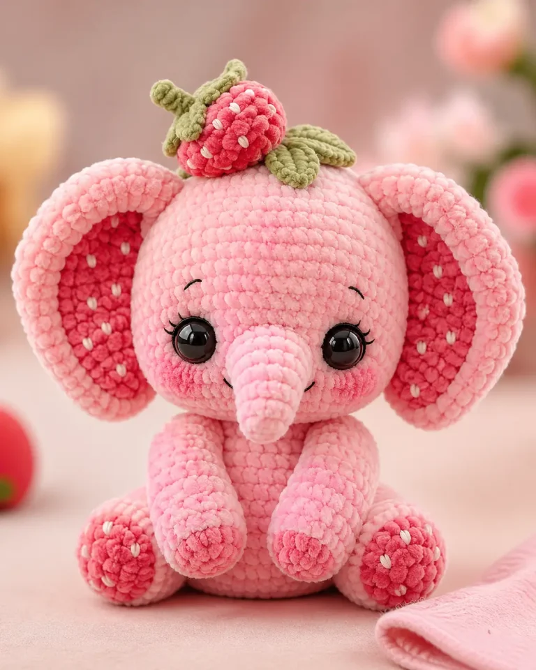 Pink Elephant Amigurumi Crochet Pattern with Strawberry Topper