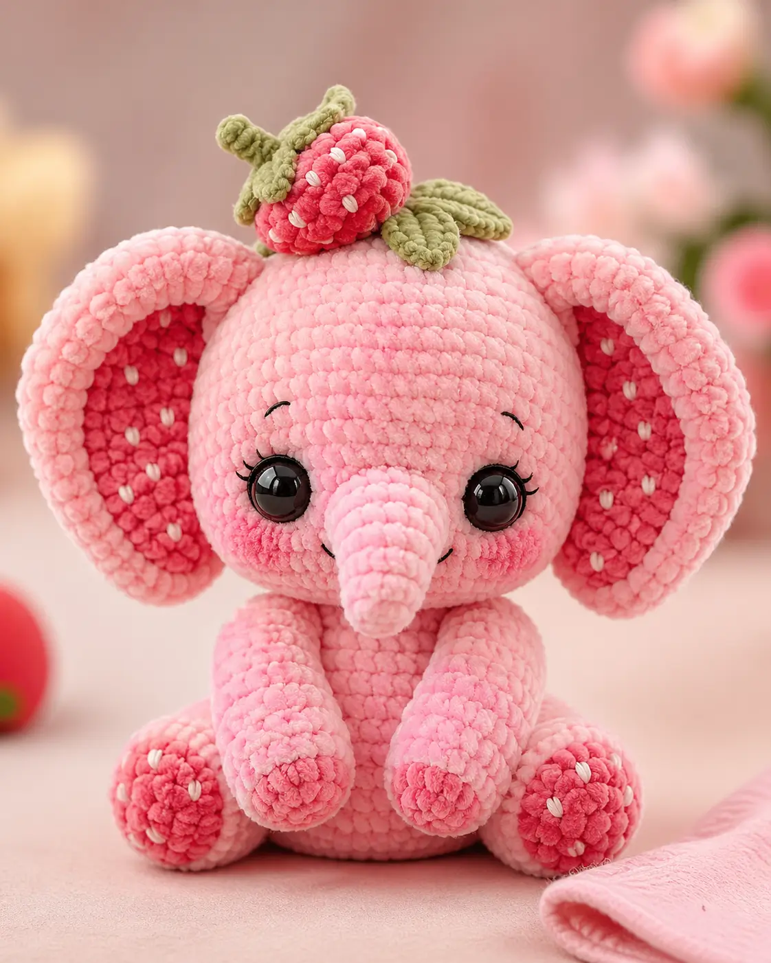Pink Elephant Amigurumi Crochet Pattern with Strawberry Topper