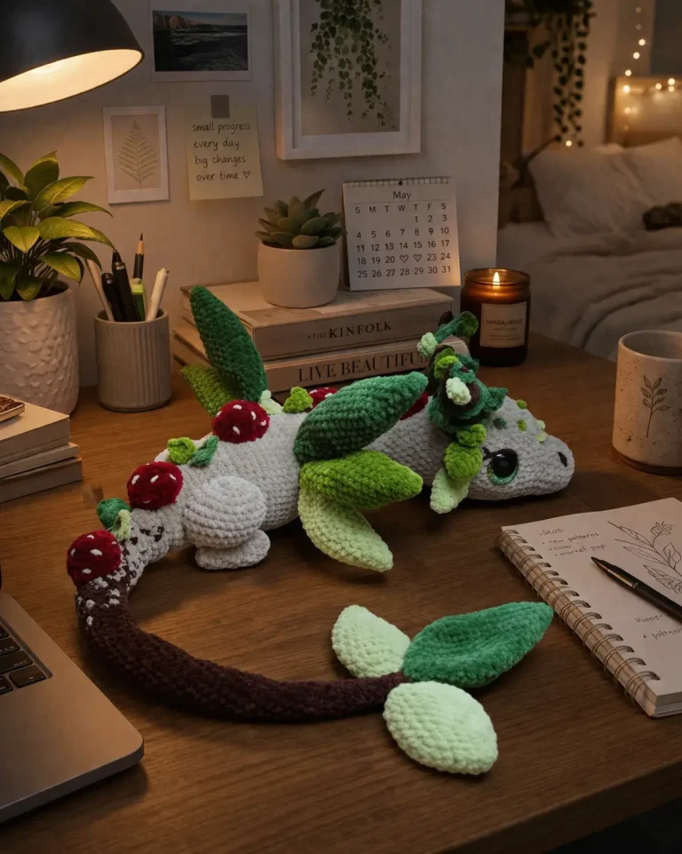 Forest Dragon Amigurumi Crochet Pattern With Mushrooms and Leaf Wings