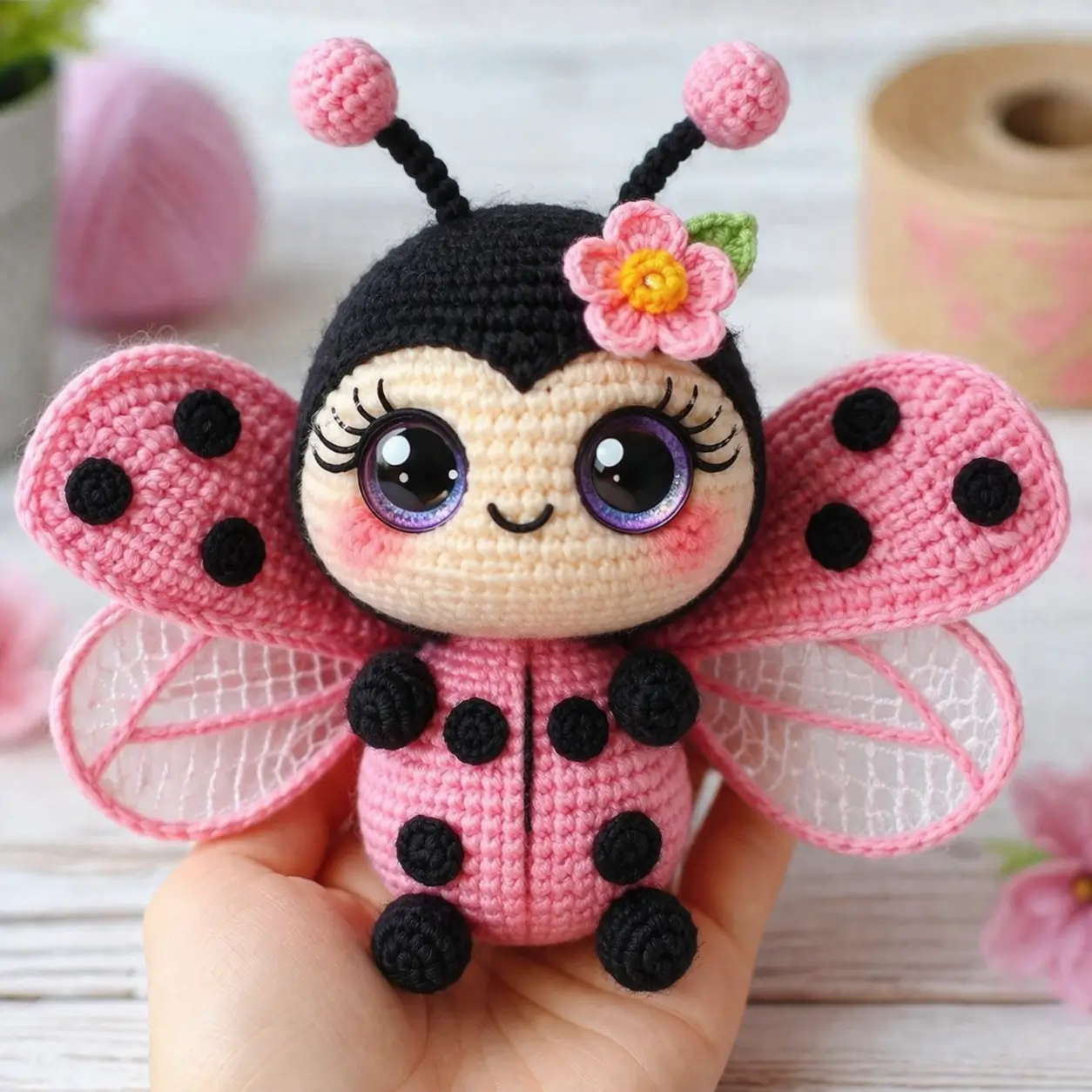 Ladybug Amigurumi Crochet Pattern for a Pink Doll With Open Wings