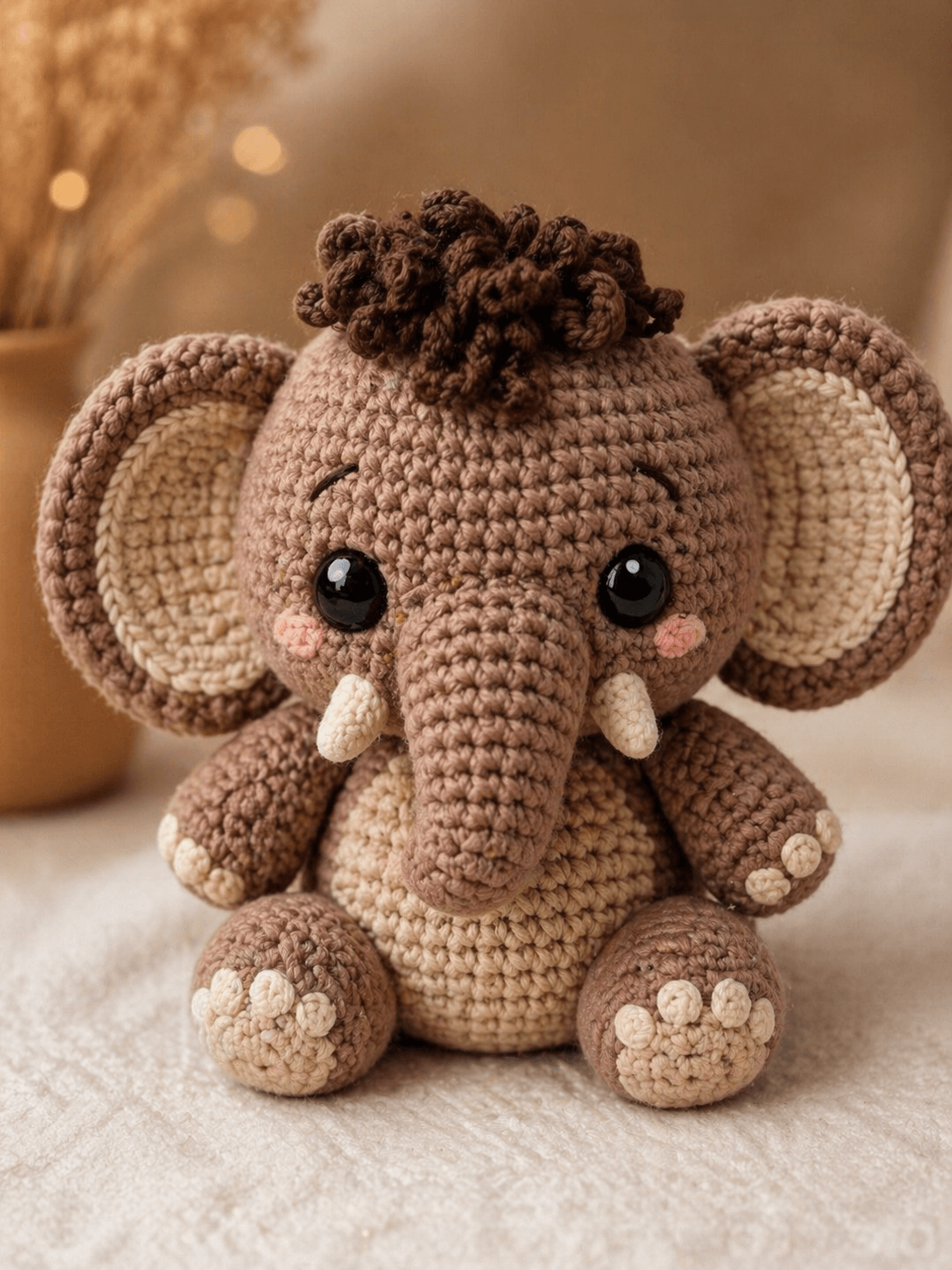 Elephant Amigurumi Crochet Pattern: Taupe Baby Elephant with Curly Hair