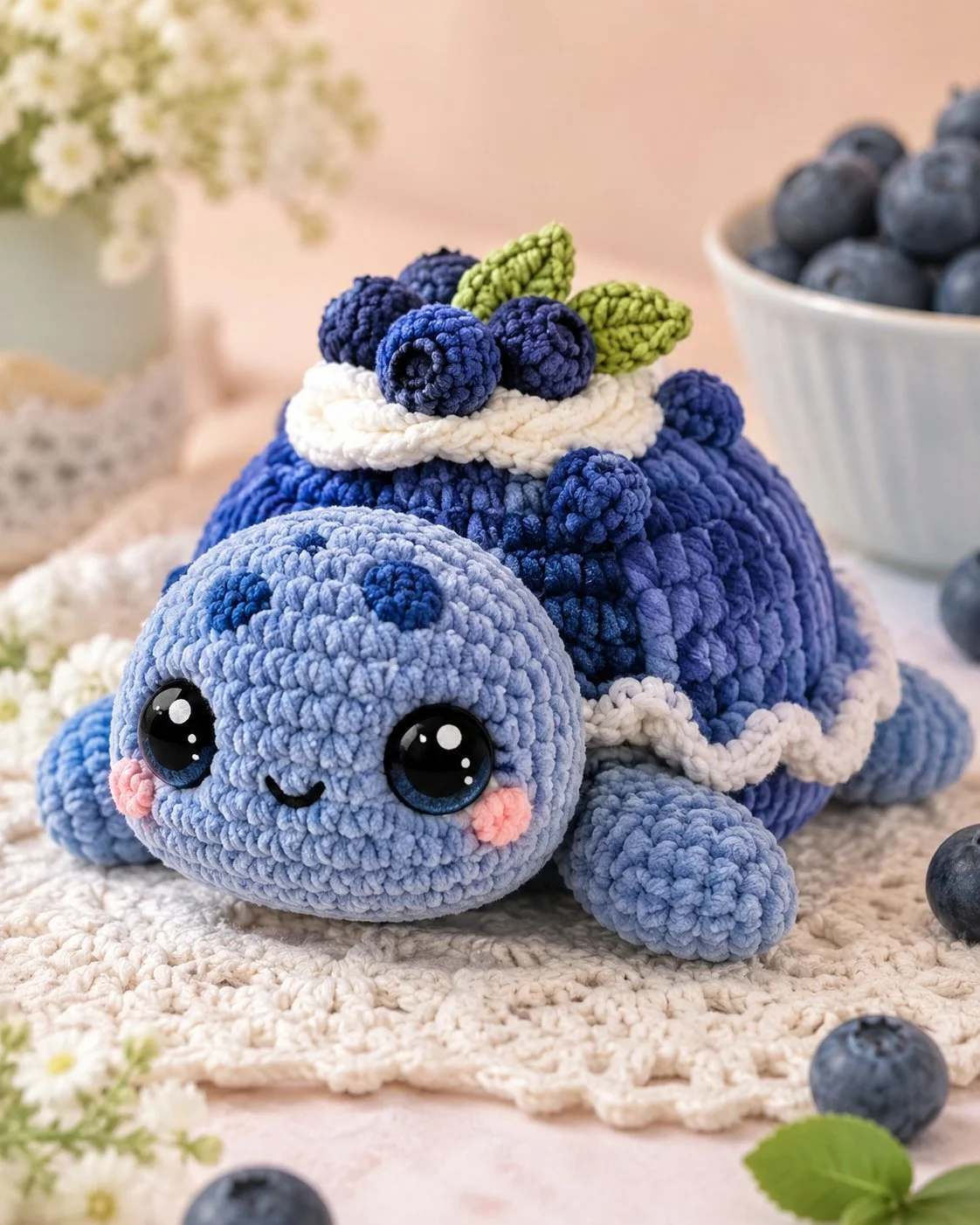 Crocheted Blueberry Turtle Amigurumi showcasing vibrant colors and detailed design.