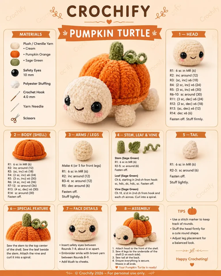 Pumpkin Turtle Amigurumi Crochet Pattern: Plush Chenille Fall Turtle