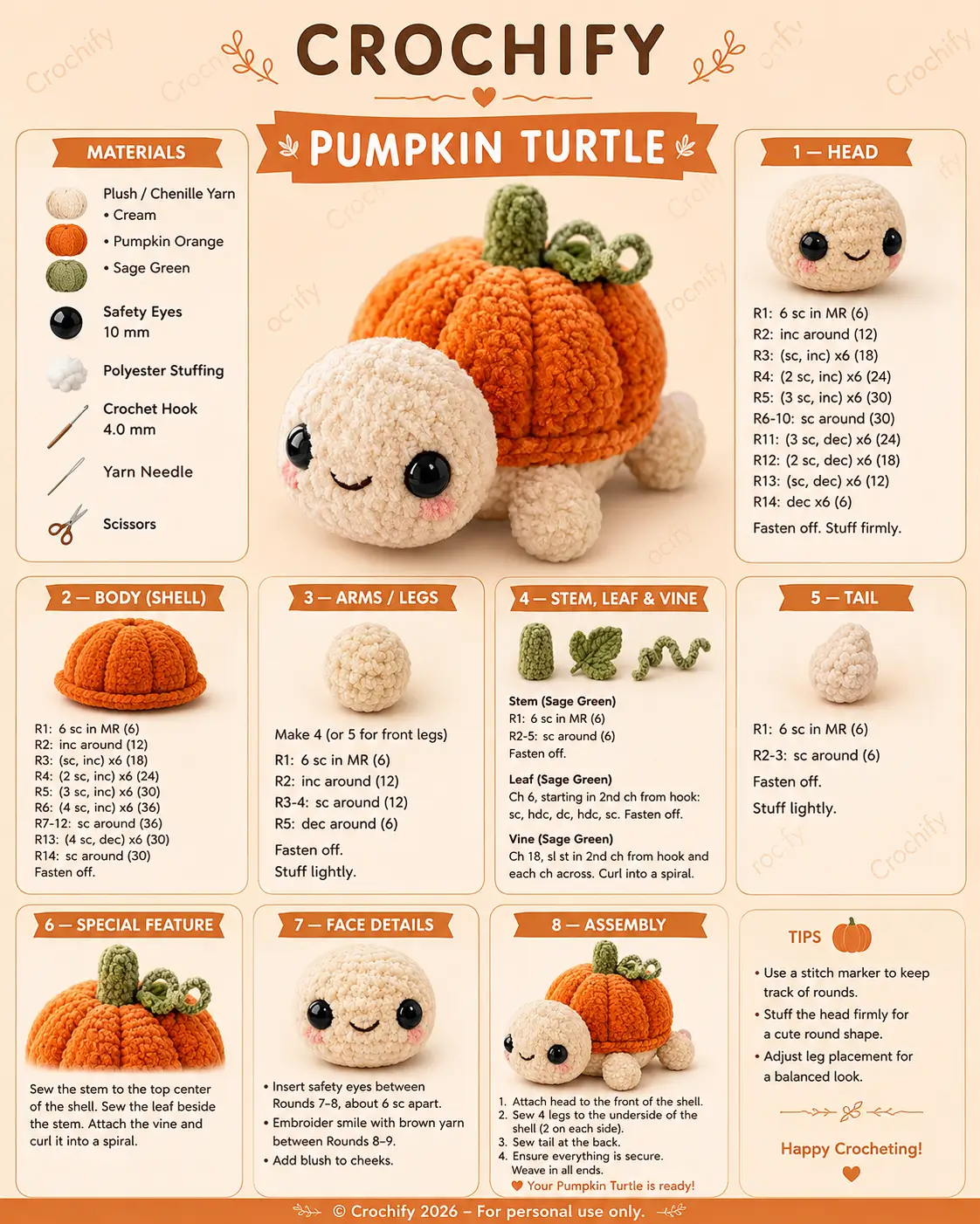 Pumpkin Turtle Amigurumi Crochet Pattern: Plush Chenille Fall Turtle