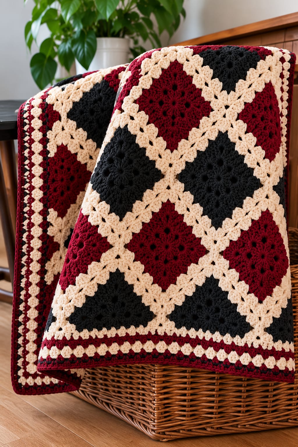 Square Rounded Designs Red Black and Cream Granny Square Crochet Blanket Pattern - krochify
