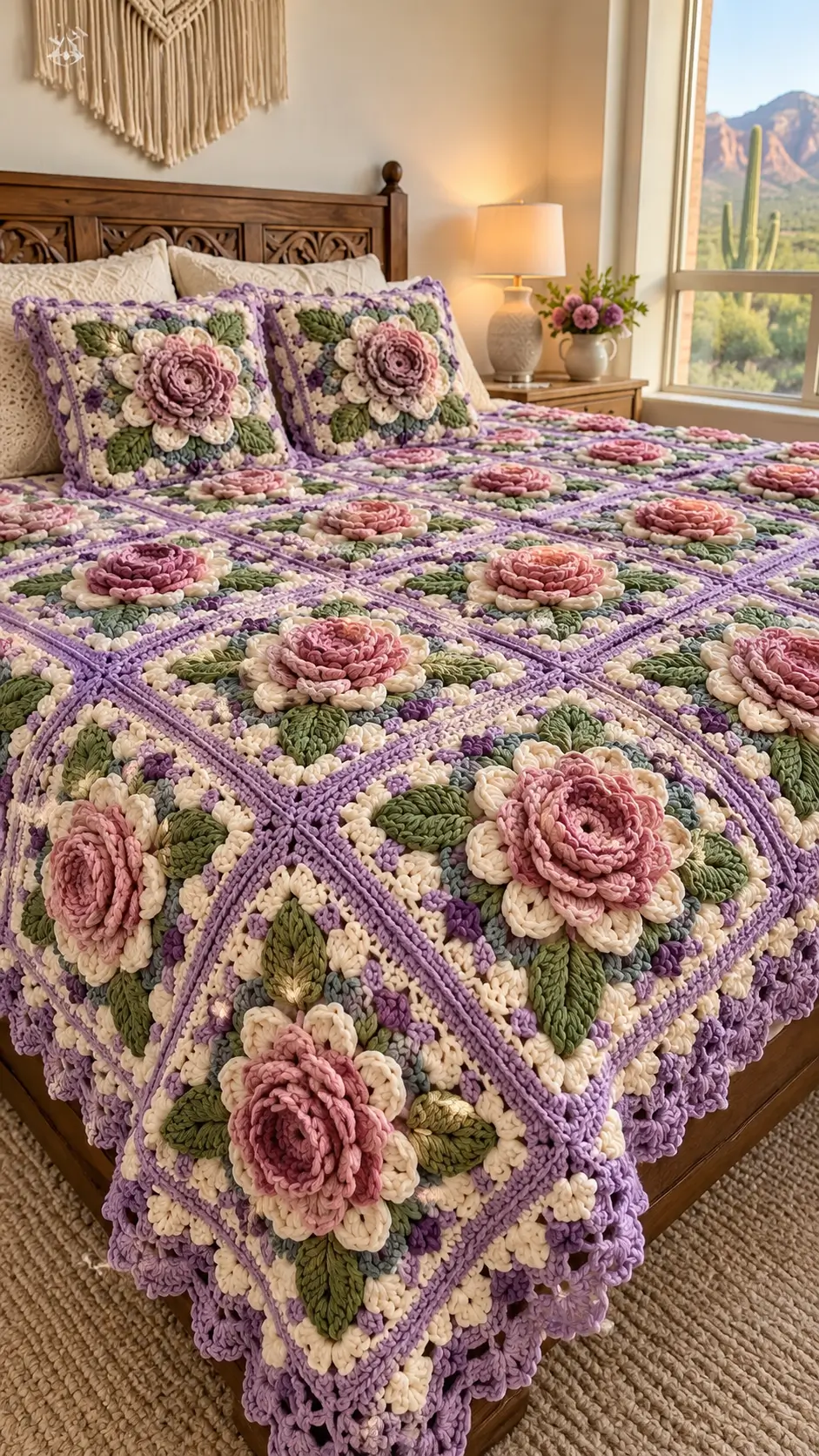 3D Rose Granny Square Crochet Blanket Pattern - krochify